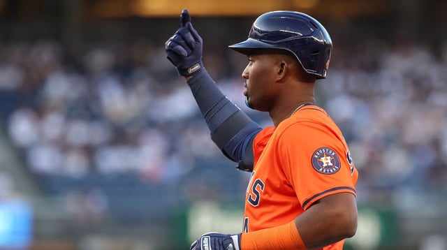 Aug 8, 2025; Bronx, New York, USA; Houston Astros right fielder Jesus Sanchez (4) reacts after a single during the first inning against the New York Yankees at Yankee Stadium. Mandatory Credit: Vincent Carchietta-Imagn Images.