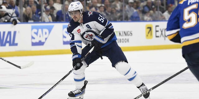 Apr 27, 2025; St. Louis, Missouri, USA; Winnipeg Jets center Mark Scheifele (55) skates against the St. Louis Blues during the first period in game four of the first round of the 2025 Stanley Cup Playoffs at Enterprise Center. Mandatory Credit: Jeff Le-Imagn Images