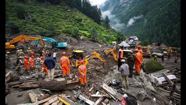 Search and rescue operation underway at cloudburst-hit Chisoti village, in Jammu and Kashmir’s Kishtwar district, on Monday. (PTI)