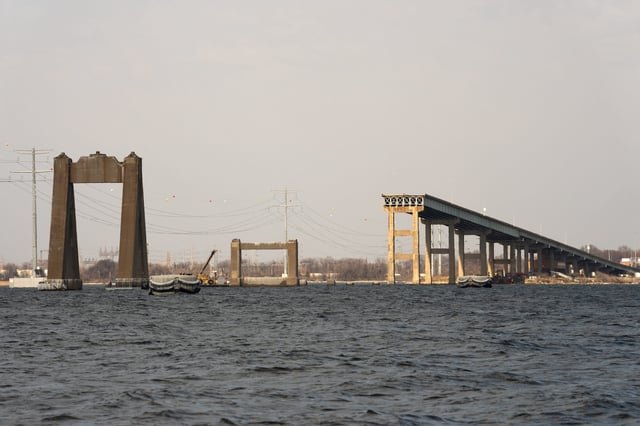 The remains of the Francis Scott Key Bridge are visible after nearly a year of cleanup on March 20, 2025. The bridge, a major span over the Patapsco River in Baltimore, collapsed on March 26, 2024 after it was struck by the Singapore-flagged container ship killing six road workers who were on the bridge at the time.