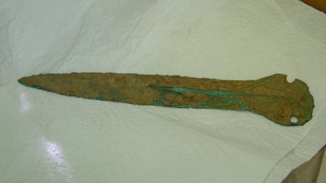 Maik Böhner fand mit seinen Söhnen einen 4000 Jahre alten Bronze-Dolch im Wald.