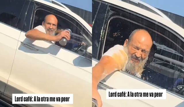 Hombre intenta vaciar café sobre otro auto y termina derramándoselo a sí mismo