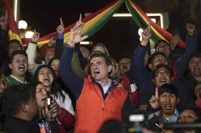 Bolivian centrist presidential candidate Rodrigo Paz addressed supporters in the capital, La Paz, August 17, 2025, after early election results came in. A run-off vote will be held in October.