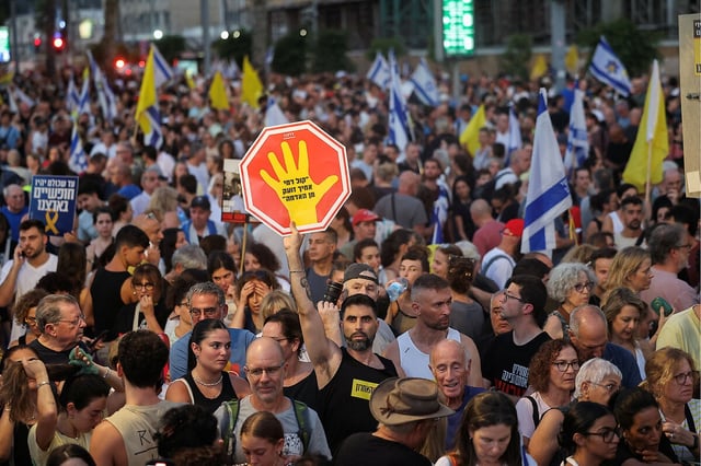 Demonstrators demand a ceasefire in Gaza and the release of Israeli hostages as they protest plans by the Israeli government to expand the war, in Tel Aviv, Israel, Aug. 17, 2025.