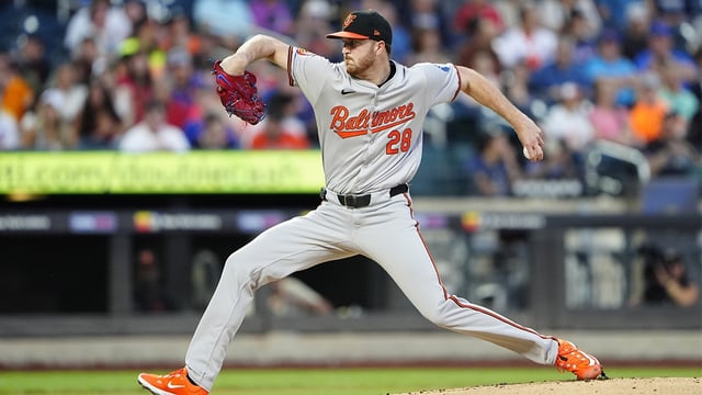 Aug 19, 2024; New York City, New York, USA; Baltimore Orioles pitcher Trevor Rogers (28) delivers a pitch against the New York Mets during the first inning at Citi Field. Mandatory Credit: Gregory Fisher-USA TODAY Sports