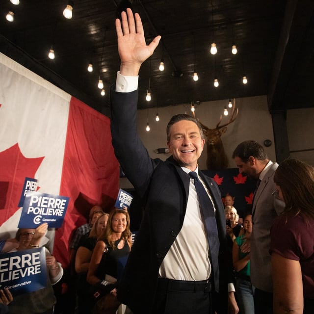 Conservative Party Leader Pierre Poilievre celebrates his by-election win in the riding of Battle River-Crowfoot in Camrose, Alta., on Monday.