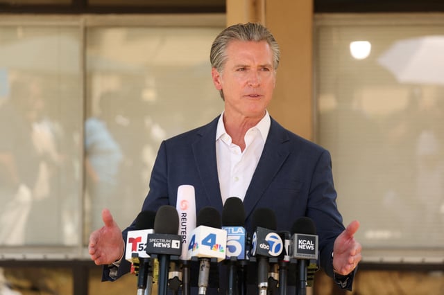 California Governor Gavin Newsom holds a news conference at Downey Memorial Christian Church in Downey, California, on July 16, 2025.