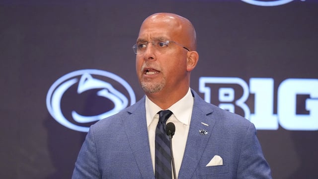 Jul 23, 2025; Las Vegas, NV, USA; Penn State head coach James Franklin speaks to the media during the Big Ten NCAA college football media days at Mandalay Bay Resort. Mandatory Credit: Lucas Peltier-Imagn Images
