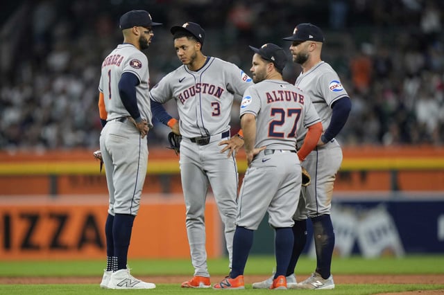 From left, Houston Astros third baseman Carlos Correa, shortstop Jeremy Pena, second baseman Jose Altuve, and first baseman Christian Walker wait during a pitching change during the seventh inning of a baseball game against the Detroit Tigers, Monday, Aug. 18, 2025, in Detroit. (AP Photo/Ryan Sun)