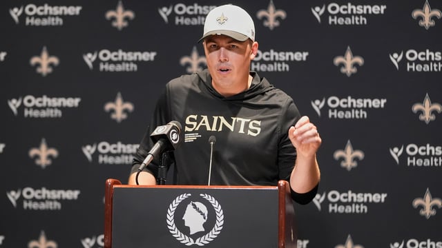 New Orleans Saints head coach Kellen Moore speaks at a news conference. (AP Photo/Gerald Herbert)