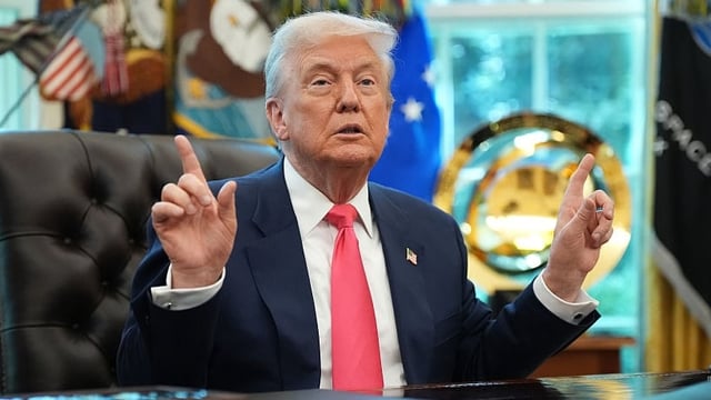 WASHINGTON, DC - AUGUST 14:  U.S. President Donald Trump answers questions from reporters in the Oval Office on August 14, 2025 in Washington, DC. Trump signed a proclamation on the 90th anniversary of Social Security to highlight his administration&#39;s efforts on the program. (Photo by Andrew Harnik/Getty Images)