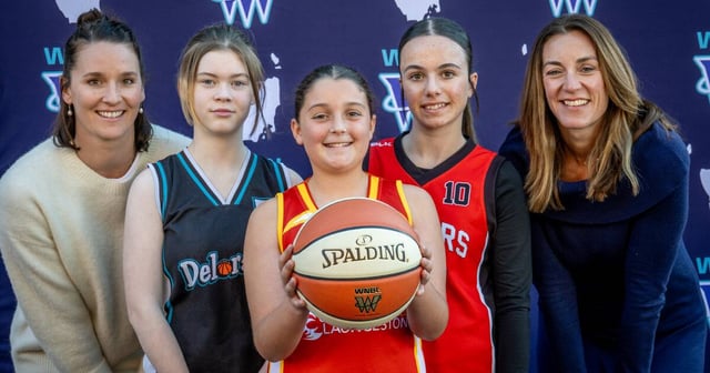 WNBL Tasmania assistant general manager, Kayla Steindl, Megan Larson of Deloraine, Amelie Taylor of Launceston, Shayli John of Ulverstone with WNBL CEO Jennie Sager. Picture by Paul Scambler