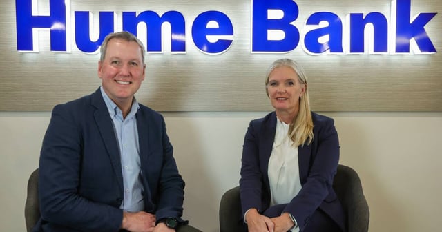 Hume Bank chief executive Stephen Capello and chair Kerry Grigg in the institution's Olive Street headquarters in Albury after outlining a merger plan with Geelong Bank. Picture by Phoebe Adams