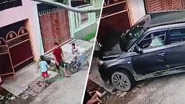 Car Strikes 3 Children In Lucknow, One Hospitalised With Broken Ribs | Image: Screenshots of CCTV Footage, X