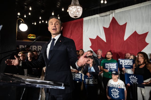 Conservative Party Leader Pierre Poilievre celebrates the win during the Battle River-Crowfoot byelection in Camrose, Alta., Monday, Aug. 18, 2025. THE CANADIAN PRESS/Jason Franson