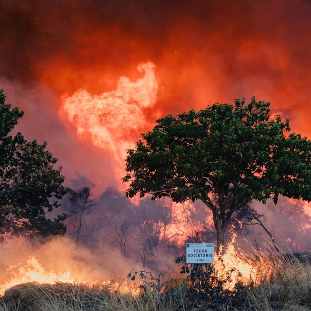 Portugiesische Feuerwehrleute und spanisches Militärpersonal arbeiten zusammen, um einen Waldbrand in der Gemeinde Bouses, Oimbra, Ourense, Galicien, Spanien zu bekämpfen