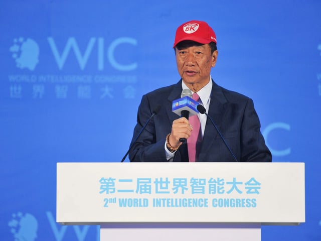 Terry Gou, founder and chairman of Foxconn, speaks at the World Intelligence Congress in Tianjin, China