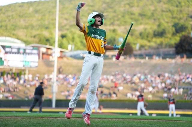 South Dakota's Devin Aukes reacts after scoring a run against Connecticut during a Little League World Series game on Aug. 18, 2025.