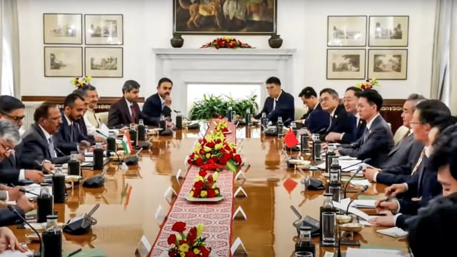 National Security Advisor Ajit Doval with Chinese Foreign Minister Wang Yi during a meeting. | @MEAIndia on Youtube via PTI