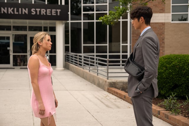 Taylor (Rain Spencer) runs into Steven (Sean Kaufman) while she waits for Jeremiah (Gavin Casalegno).