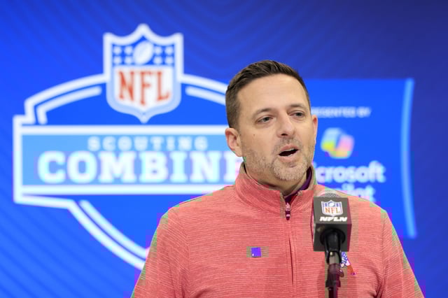 INDIANAPOLIS, INDIANA - FEBRUARY 26: General Manager Eliot Wolf of the New England Patriots speaks to the media during the 2025 NFL Combine at the Indiana Convention Center on February 26, 2025 in Indianapolis, Indiana.
