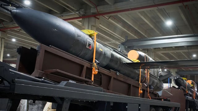 A Flamingo missile is seen at a workshop in Ukraine.