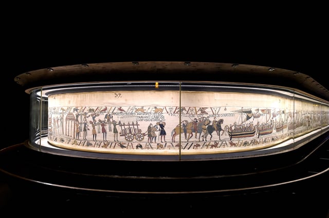 The Bayeux Tapestry is displayed in this undated handout photo taken at the Bayeux Museum in Bayeux, Normandy, France.The British Museum/Handout via REUTERS/File Photo
