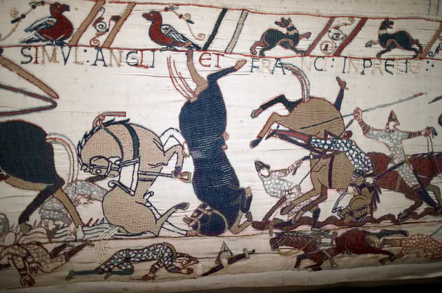 A close-up view of the Bayeux Tapestry, an embroidered cloth which depicts the events leading up to the Norman conquest of England concerning William, Duke of Normandy, and Harold, Earl of Wessex, thought to date to the 11th century, at the Bayeux Museum, France, September 13, 2019.  REUTERS/Charles Platiau/File Photo