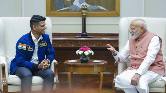 Prime Minister Narendra Modi with astronaut Shubhanshu Shukla in New Delhi on Monday. (PMO)