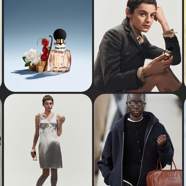 Photo collage of Miu Miu Beauty's Miutine Eau de Parfum campaign, featuring Emma Corrin