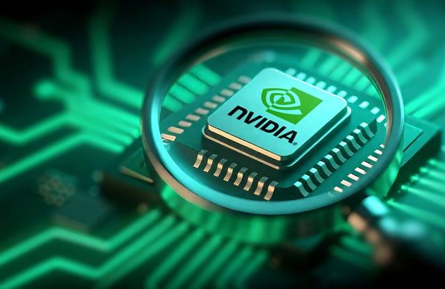 BEIJING, CHINA - AUGUST 01: In this photo illustration, an Nvidia chip is seen through a magnifying glass on August 1, 2025 in Beijing, China. (Photo by VCG/VCG via Getty Images)