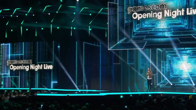 Geoff Keighley live on stage during the Gamescom Opening Night Live 2024 presentation.