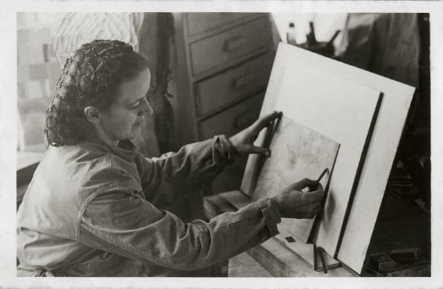 Barbara Hepworth at work on the drawing Quartet I (Anthroplasty), Chy-an-Kerris, Carbis Bay, Cornwall, 1948