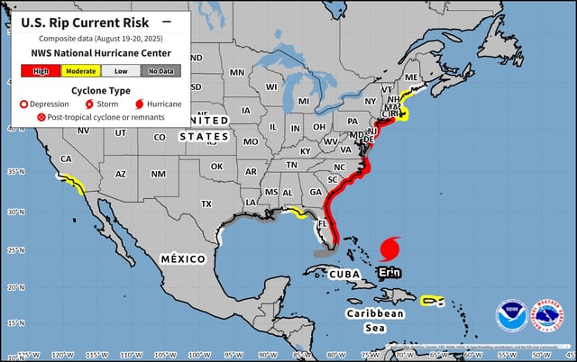 Hurricane Erin was driving rough surf and a high rip current risk along much of the U.S. East Coast, an Aug. 19 forecast from the National Oceanic and Atmospheric Administration shows.