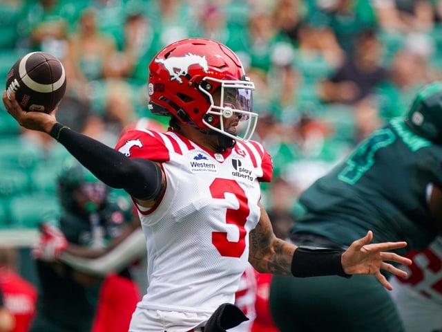 Calgary Stampeders quarterback Vernon Adams Jr. (3) throws the football against the Saskatchewan Roughriders during the first half of CFL football action in Regina, on Saturday, July 12, 2025.