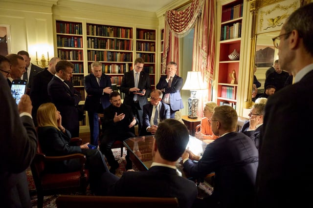 Ukrainian President Volodymyr Zelenskiy speaks with French President Emmanuel Macron, German Chancellor Friedrich Merz, Britain's Prime Minister Keir Starmer, European Commission's President Ursula von der Leyen, Italian Prime Minister Georgia Meloni, Finland's President Alexander Stubb and NATO's Secretary General Mark Rutte, at the Ukrainian Embassy, in Washington, D.C., U.S., August 18, 2025. Ukrainian Presidential Press Service/Handout via REUTERS/File Photo