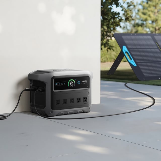 An Anker Power Station plugged into an outlet attached to a solar panel.