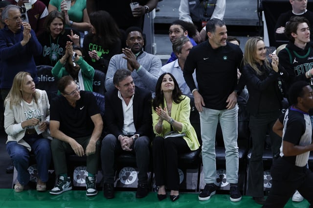 Boston, MA – April 20: Boston Celtics co-owner Stephen Pagliuca (second from left), governor Wyc Grousbeck (third from left), and new majority owner Bill Chisholm (fifth from left) watch during the second quarter in Game 1 of the NBA Eastern Conference playoffs against the Orlando Magic at TD Garden. (Photo by Danielle Parhizkaran/The Boston Globe via Getty Images)