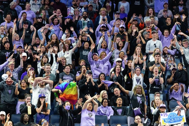 Golden State Valkyries fans try to disrupt a free throw during a WNBA game between the Golden State Valkyries and the Phoenix Mercury on July 14, 2025, at Chase Center in San Francisco.