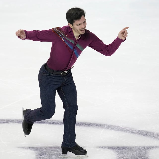 Keegan Messing, of Canada, performs in the men's short program at the Four Continents Figure Skating Championships, Thursday, Feb. 9, 2023, in Colorado Springs, Colo. (AP Photo/David Zalubowski)