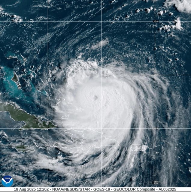 This image provided by the National Oceanic and Atmospheric Administration (NOAA) shows Hurricane Erin on Monday, Aug. 18, 2025. (NOAA via AP)