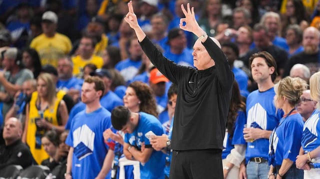 Jun 22, 2025; Oklahoma City, Oklahoma, USA; Indiana Pacers head coach Rick Carlisle gestures during the first half of game seven of the 2025 NBA Finals against the Oklahoma City Thunder at Paycom Center. Mandatory Credit: Kyle Terada-Imagn Images