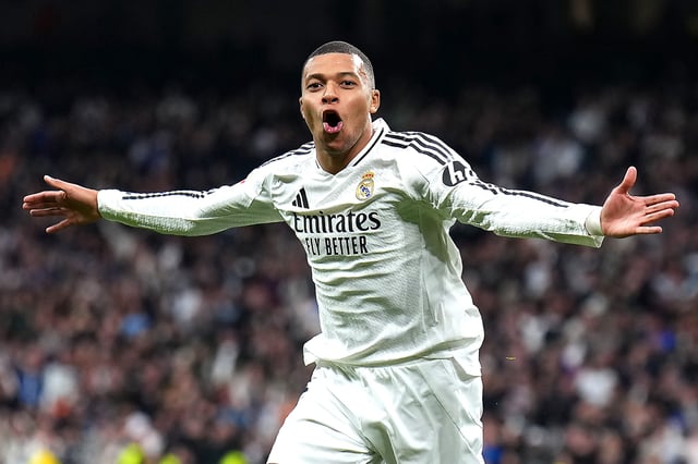 Kylian Mbappe of Real Madrid celebrates scoring his team&#39;s third goal during the LaLiga match between Real Madrid CF and UD Las Palmas at Estadio Santiago Bernabeu on January 19, 2025 in Madrid, Spain.