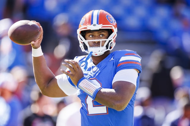 DJ Lagway #2 of the Florida Gators warms up before the start of a game against the Mississippi Rebels at Ben Hill Griffin Stadium on November 23, 2024 in Gainesville, Florida.