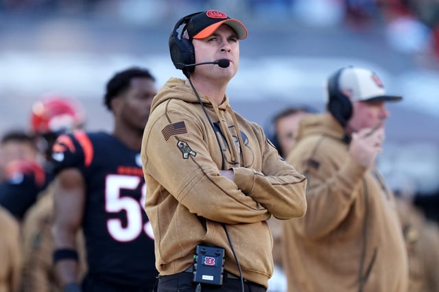 Cincinnati Bengals head coach Zac Taylor looks on during the first quarter against the Houston Texans at Paycor Stadium on November 12, 2023 in Cincinnati, Ohio. Zac Taylor and his brother, Press, will coach against each other on Monday Night Football.
