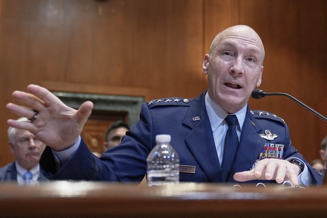 FILE - Air Force Chief of Staff General David Allvin testifies during a Senate Committee on Appropriations subcommittee hearing to examine proposed budget estimates for fiscal year 2026 for the Air Force and Space Force on Capitol Hill, June 26, 2025, in Washington. (AP Photo/Mariam Zuhaib, File)
