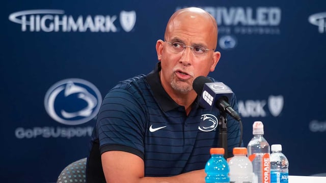 Penn State football head coach James Franklin answers a question at a press conference during football media day in Beaver Stadium on Saturday, August 2, 2025, in State College.