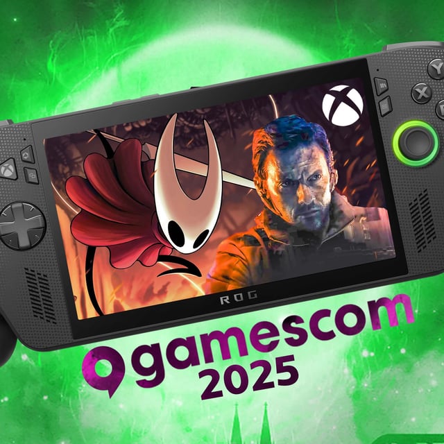 An Xbox Ally X floating over a green background with Silksong displayed on the screen along with the protagonist from Call of Duty: Black Ops 7. It says "Gamescom 2025" underneath the handheld. 
