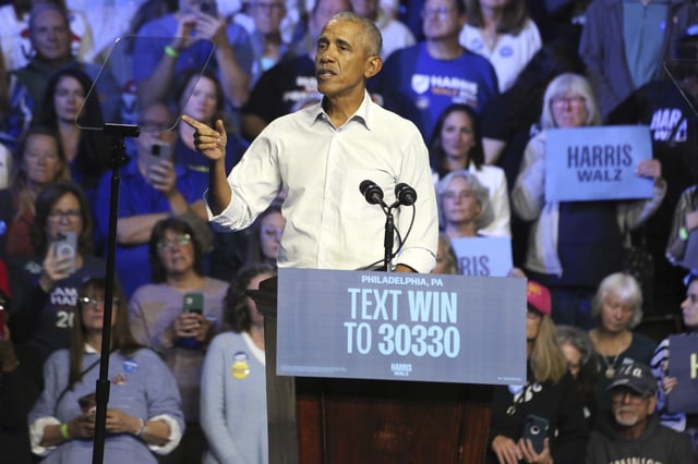 PHILADELPHIA, PA - OCTOBER 28: President Obama gives speech at a campaign rally at Temple University&#39;s Liacouras Center in Philadelphia, Pennsylvania.October 28, 2024