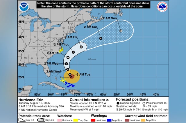 An NHC graphic shows Erin&#39;s expected path, with watches and warnings highlighted.